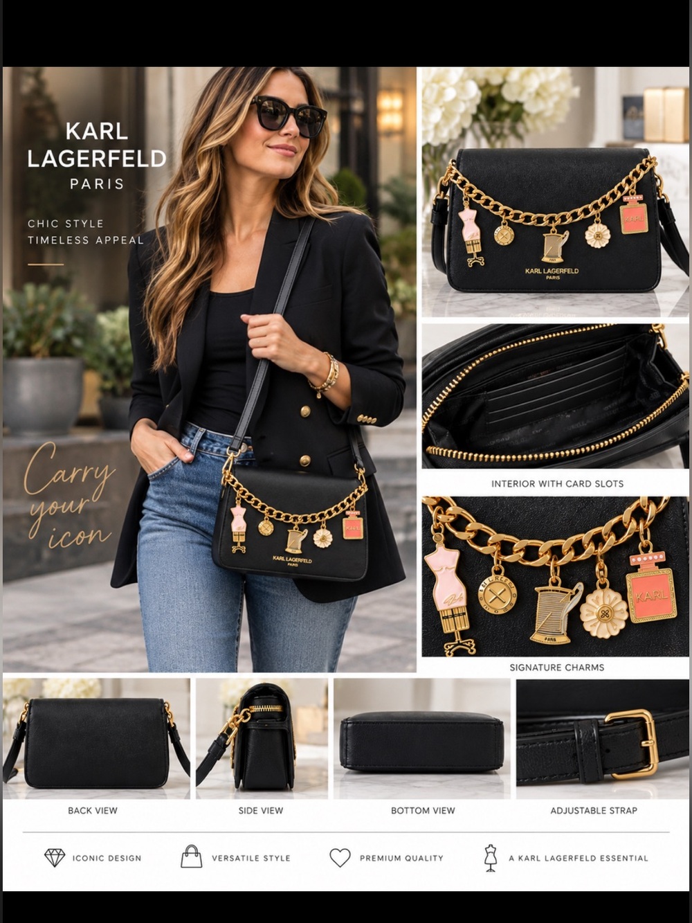 NWT Karl Lagerfeld Lourdes Leather Charm Crossbody Bag Black